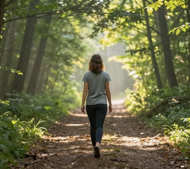 Woman walking mindfully in forest for intuitive clarity and grounding