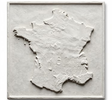A monochromatic white 3D textured relief map of France with artistic imprints and floral details.