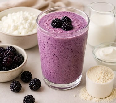 A high protein blackberry smoothie in a glass with protein powder, cottage cheese, and fresh berries.