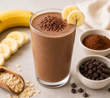 Chocolate banana protein smoothie in a glass with rolled oats, cacao powder, and chocolate chips.
