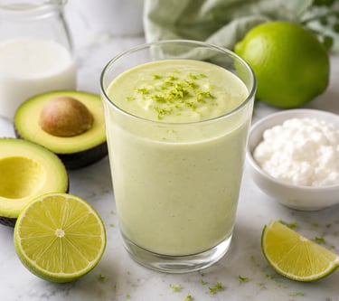 Creamy avocado lime smoothie in a glass garnished with zest near fresh avocado halves and yogurt.