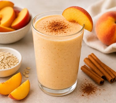 Fresh peach protein smoothie in a glass with cinnamon, oats, and sliced peaches.