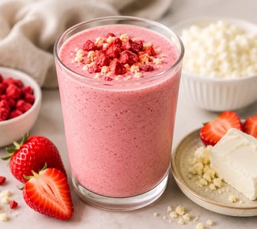 A creamy strawberry cheesecake smoothie in a tall glass topped with dried fruit pieces and fresh strawberries.