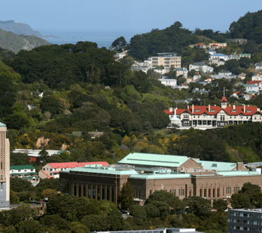 Landscape showing four historic buildings. The en:National War Memorial (New Zealand) (Carillon lower left), en:New Zealand D