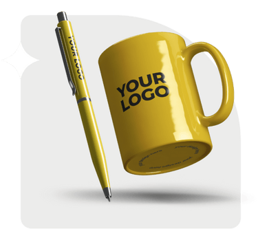 Branded promotional products including custom drinkware, pens, and tote bags