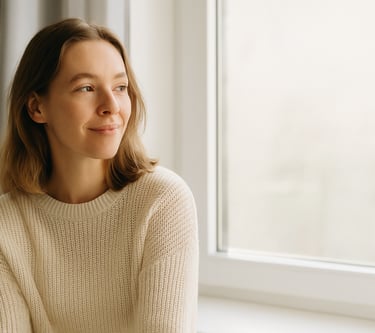 A young woman smiling in soft sunlight, representing hope and new beginnings in recovery.