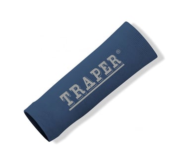 Traper blue neck gaiter and fishing buff with white brand logo on a white background.