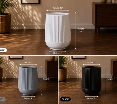 Modern ribbed frp floor planters in white, grey, and black showing 18 inch height dimensions.