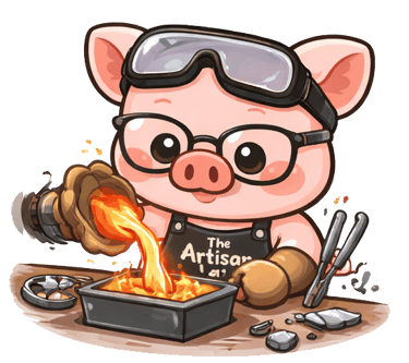 The Artisan Lab Designs mascot Milo is hand pouring the silver into a ingot mold