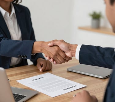 Two business partners shaking hands in a modern office with financial charts on screens behind them.