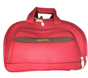 a red duffle  bag with a inscape logo on it