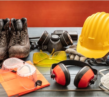 a variety of safety equipment including a helmet and safety gear