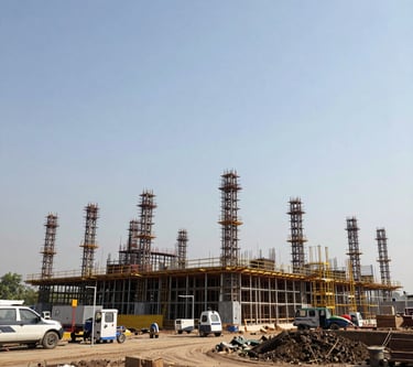 Wide angle view of an active industrial construction site in Greater Noida, structural steel frames rising against a clear sky, natural bright daylight
