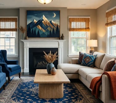 Mountain modern living room with natural materials, clean lines, and warm neutral palette