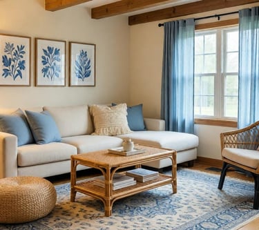 Rustic blue living room with blue and white inspiration, classic elegance, and timeless style