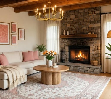 Cozy organic living room with warm organic tones, natural textures and inviting comfort