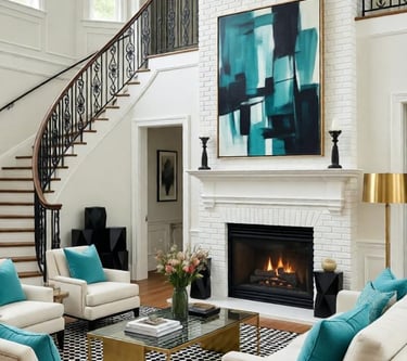 Towering teal living room with rich jewel-tone walls, layered lighting, and sophisticated styling