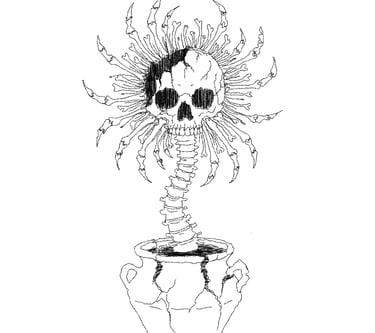 Black and white ink drawing of a macabre skull flower with a spine stem growing in a cracked vase.