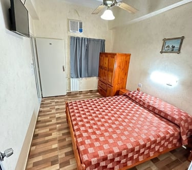 Un dormitorio con una cama y una televisión.