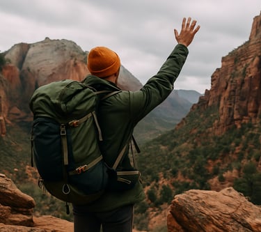 Hiker raising arm for help in remote canyon, demonstrating survival signaling and wilderness awareness
