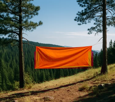 Bright orange tarp hung between trees for emergency wilderness signaling