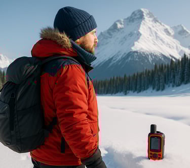 Hiker in red jacket with GPS in snowy mountains, essential gear for backcountry navigation and cold weather safety