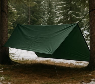 Suspended tarp shelter tied between trees for minimalist forest camping
