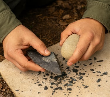 Primitive flint knapping process using stone tools to chip sharp edges for wilderness survival blades and tools