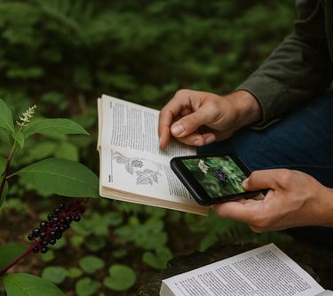 Forager cross-checking wild berries using field guide and plant ID app for safe consumption