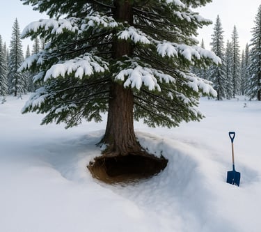 Winter survival snow pit shelter under pine tree with digging shovel in snowy wilderness landscape
