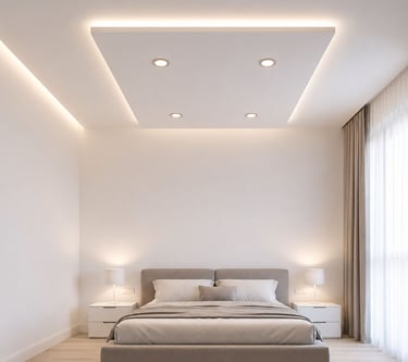 Premium gypsum ceiling with hidden LED lighting for a stylish and elegant interior. Perfect for bedr