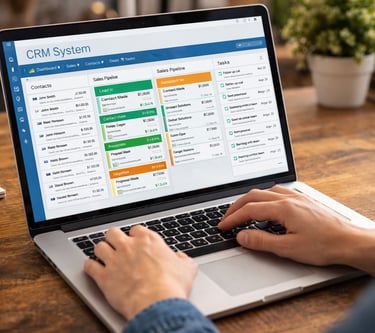 A person using a CRM system software on a laptop to manage sales pipelines and customer contacts.