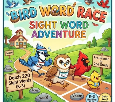 A vibrant digital graphic for an elementary educational game called Bird Word Race: Sight Word Adven