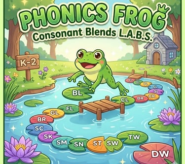 A vibrant, kid-friendly educational game cover for 'Phonics Frog: Consonant Blends L.A.B.S.' featuri