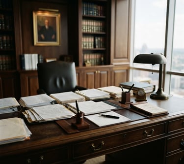 Sober corporate office interior with deep wood and brass accents, focusing on a large executive desk with legal documents, soft natural light from a large window on the right, shallow depth of field.