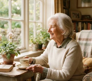 A warm, natural light environmental portrait of an elderly person smiling gently, looking out a window in a cozy living room, soft morning light, rich cream tones, shallow depth of field