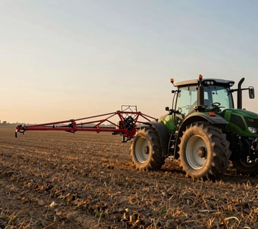 Agricultural sprayer attachment mounted on a tractor arm in an active field, wide-angle shot showing equipment in use, golden morning light, crop rows visible in background