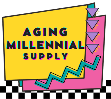 Retro 90s style graphic with geometric shapes and text reading Aging Millennial Supply.