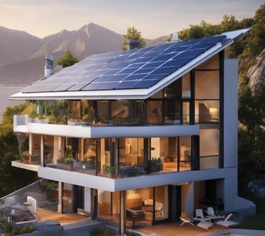 Dům se střechou pokrytou solárními panely, který vyrábí novou energii ze slunce.