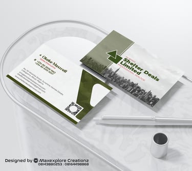 a business card, front and back with a pen
