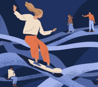 a person on a surfboard in an ocean of other streets and people