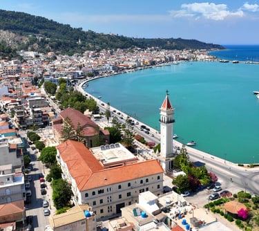 Aerial drone photo of iconic Saint Dionysios Zakynthos Holy Orthodox Church i Zakinthos, just 3.5 km away from Villa Olga