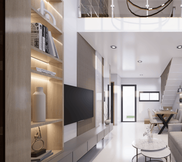 Interior ruang keluarga rumah Mezzanine Maharupa Village luas dan hangat