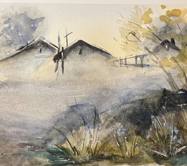 Serene landscape watercolor painting "Misty Awakening" by Diana Q, evoking calm and new beginnings i