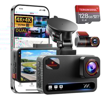 Smart car accessories including dash cam, mobile phone holder, and wireless charger inside a modern