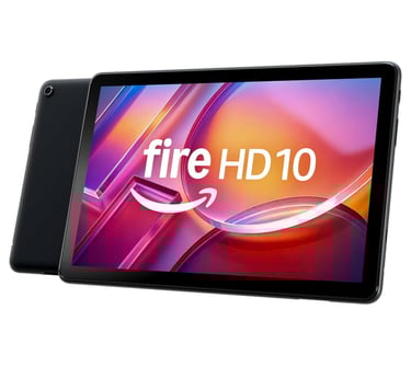 Amazon Fire HD 10 tablet 2025 streaming movies and playing games on a vibrant HD screen