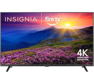 INSIGNIA 4K Fire TV displaying vivid scenery, Alexa integrated, and access to Prime Video and Netfli