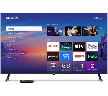 Roku Smart TV interface with streaming apps like Netflix and Disney Plus — affordable Full HD entert