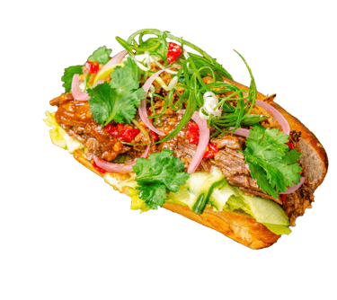 a sandwich with juicy pulled beef, red chillies, coriander, spring onions and pickled onions