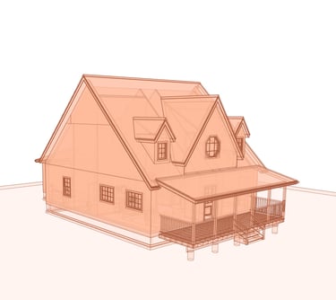 Wireframe image of a small house with steep roof and dormers.